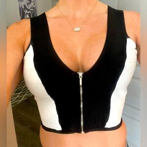 Black and White Bodycon Crop Top with Silver Zipper (S)